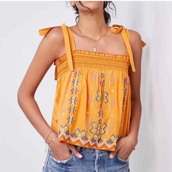 Anthropologie Gold Embroidered Swing Tank bow tie straps boho Size Small - Picture 1 of 11